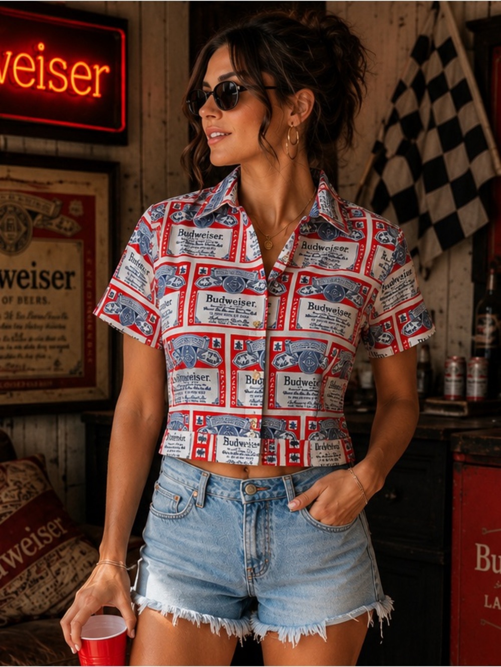 NWT RARE Vintage 70s Budweiser AOP Cropped Fitted Shirt Americana Beer Top 11/12